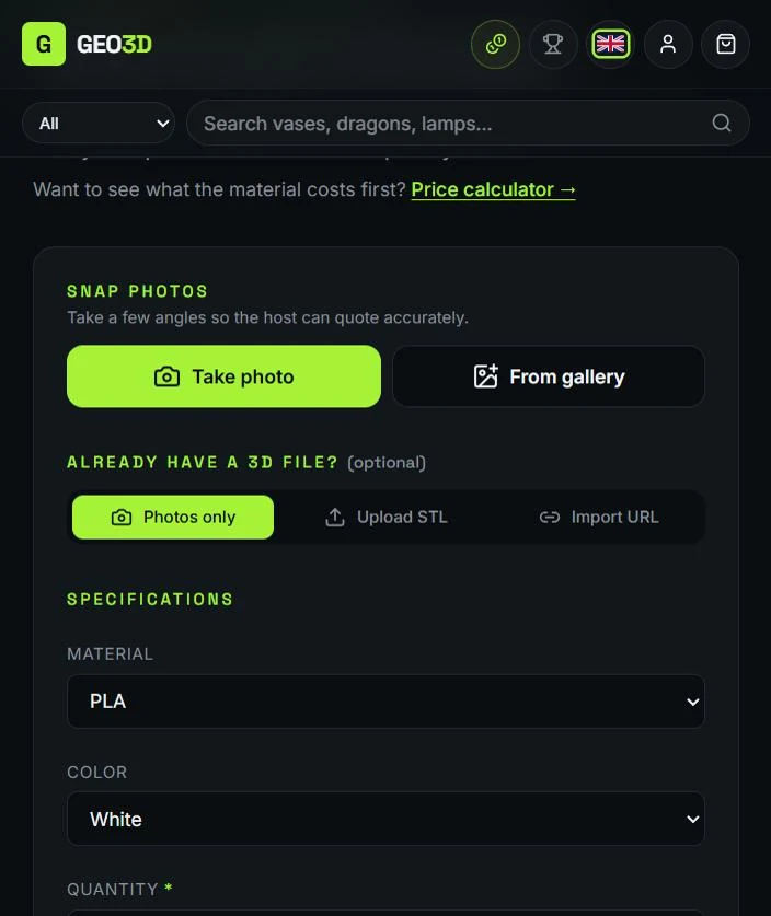 Geo3D custom print page: add photos, an STL file or a model link, then pick material and colour.