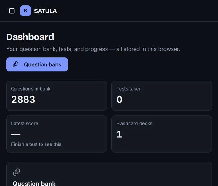 SATULA dashboard: choosing tests and setting up a timed practice session.
